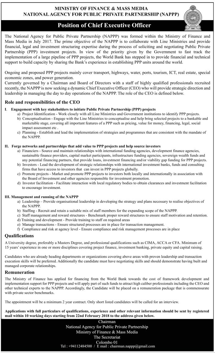 Chief Executive Officer - Ministry of Finance & Mass Media